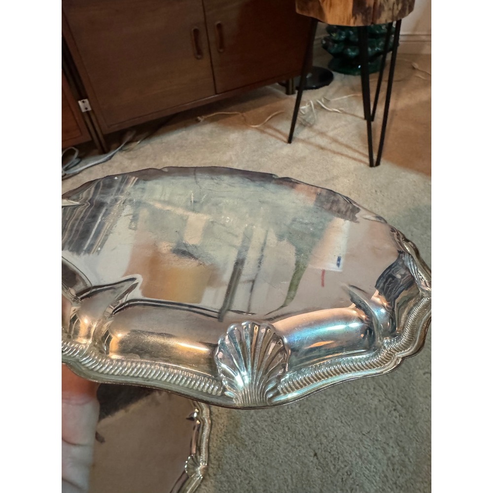 Vintage Silver Tone Embossed Gallery Tray Set Scalloped Edge Patina Decor - Picture 8 of 10